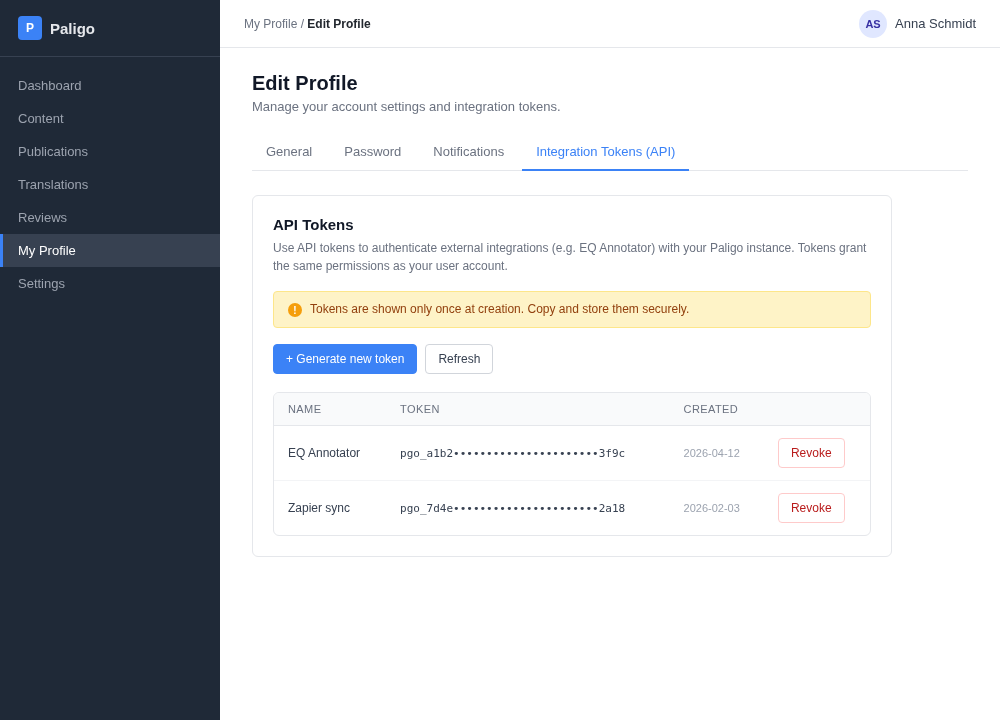 Paligo profile page showing the API key section